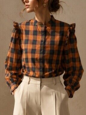Perry Ellis Vintage Hong Kong Plaid Ruffle Blouse 100% Cotton Dark Academia